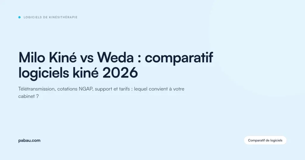 Carte blog Pabau : Milo Kiné vs Weda, comparatif logiciels kiné 2026