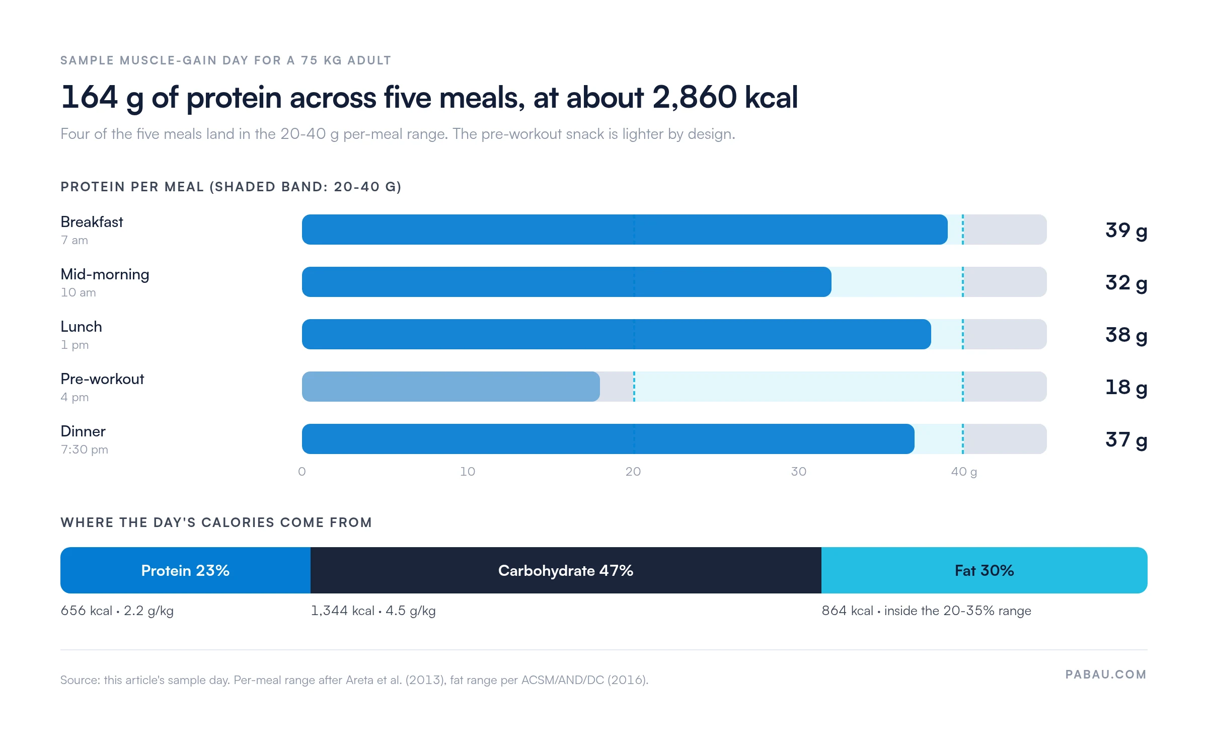Bar chart of a 2,860 kcal muscle-gain sample day for a 75 kg adult