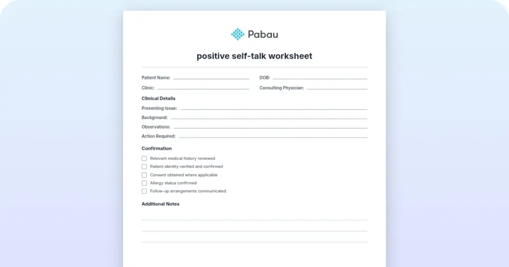 Positive Self Talk Worksheet