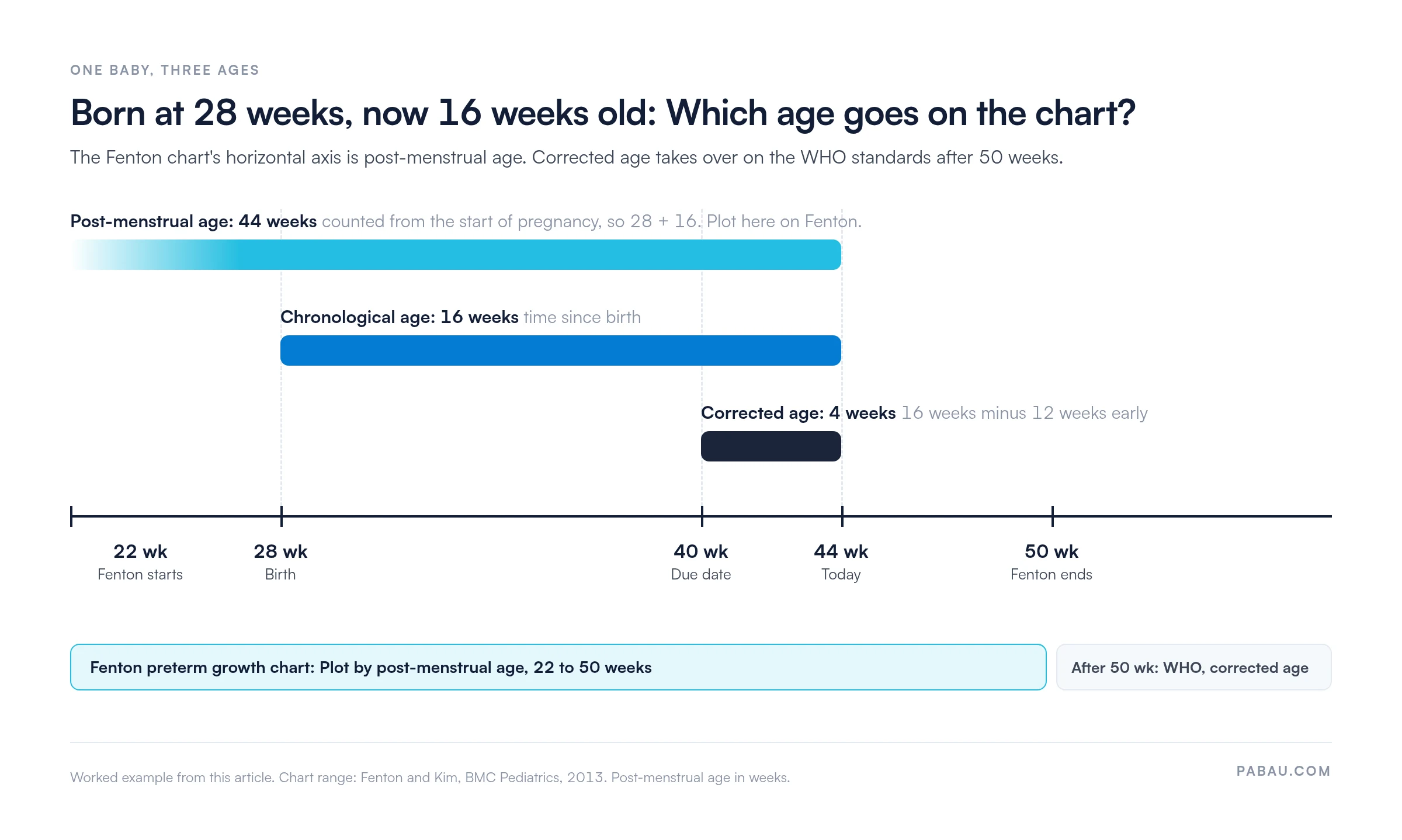 Timeline for a baby born at 28 weeks who is now 16 weeks old: chronological age 16 weeks, corrected age 4 weeks (16 minus 12 weeks early), post-menstrual age 44 weeks. The Fenton chart covers 22 to 50 weeks post-menstrual age; after 50 weeks, WHO standards use corrected age.