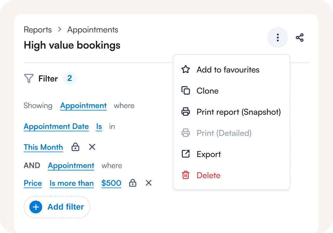 High value bookings report with filters and share, export and print options