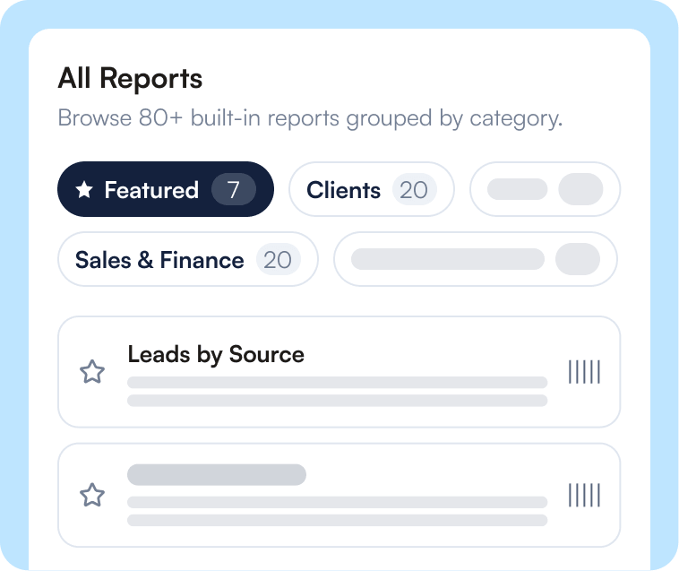 All Reports screen browsing 80+ built-in reports by category