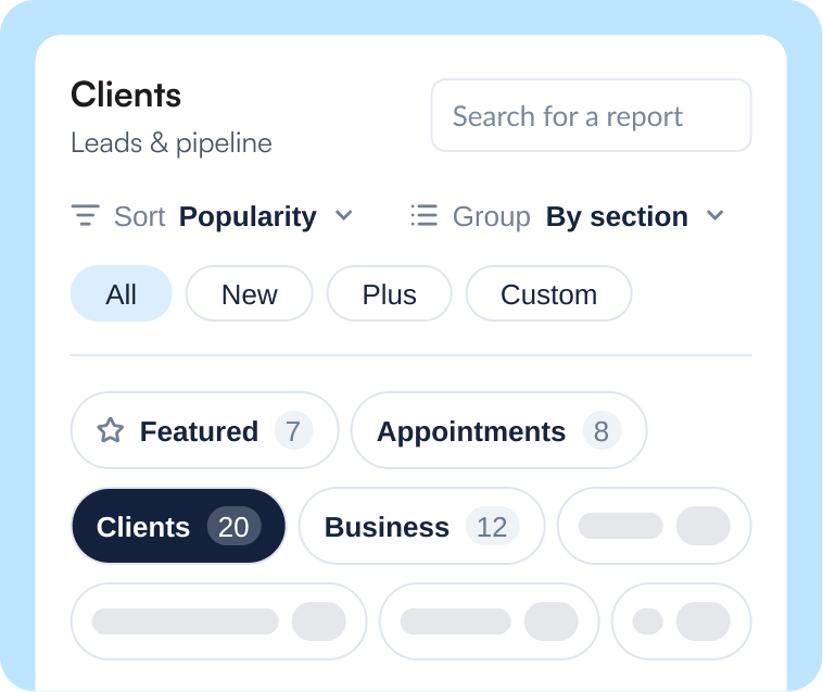 Clients reports sorted by popularity and grouped by section
