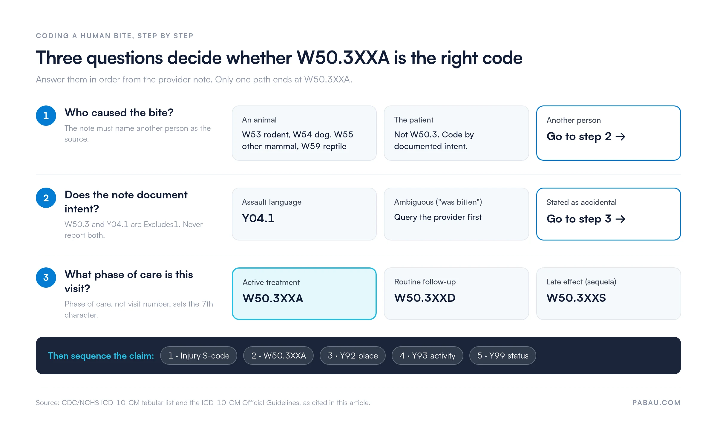 Decision path for coding a human bite: 1, who caused the bite (animal W53, W54, W55, W59; the patient; another person); 2, documented intent (assault Y04.1, ambiguous means query the provider, accidental continues); 3, phase of care (active treatment W50.3XXA, routine follow-up W50.3XXD, sequela W50.3XXS); then sequence injury S-code, W50.3XXA, Y92, Y93, Y99