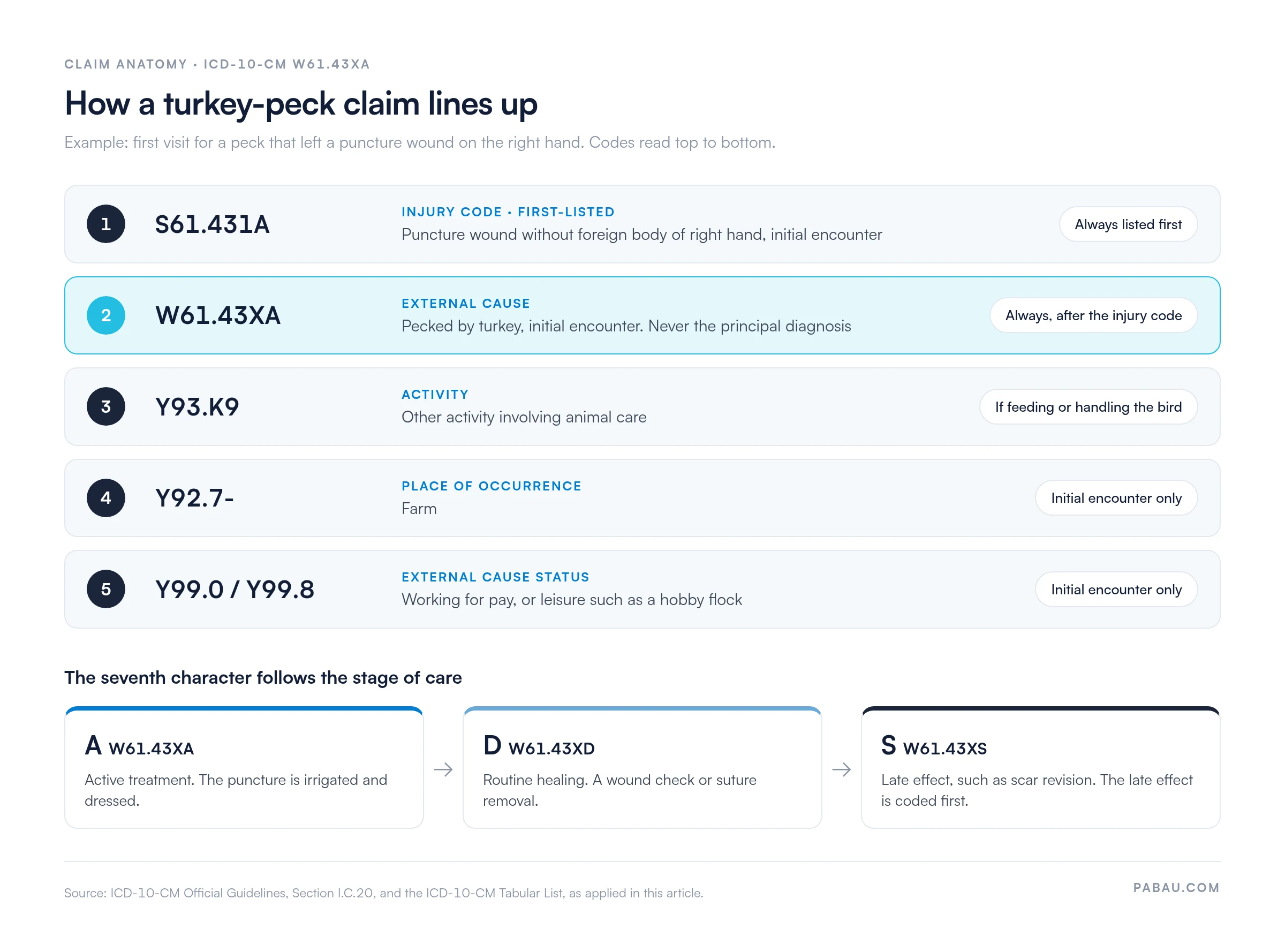 Claim anatomy for ICD-10-CM W61.43XA: 1. S61.431A injury code, listed first; 2. W61.43XA external cause, pecked by turkey, after the injury code; 3. Y93.K9 activity, animal care; 4. Y92.7- place, farm, initial encounter only; 5. Y99.0 or Y99.8 status, initial encounter only. Seventh character: A active treatment, D routine healing, S late effect coded after the sequela.
